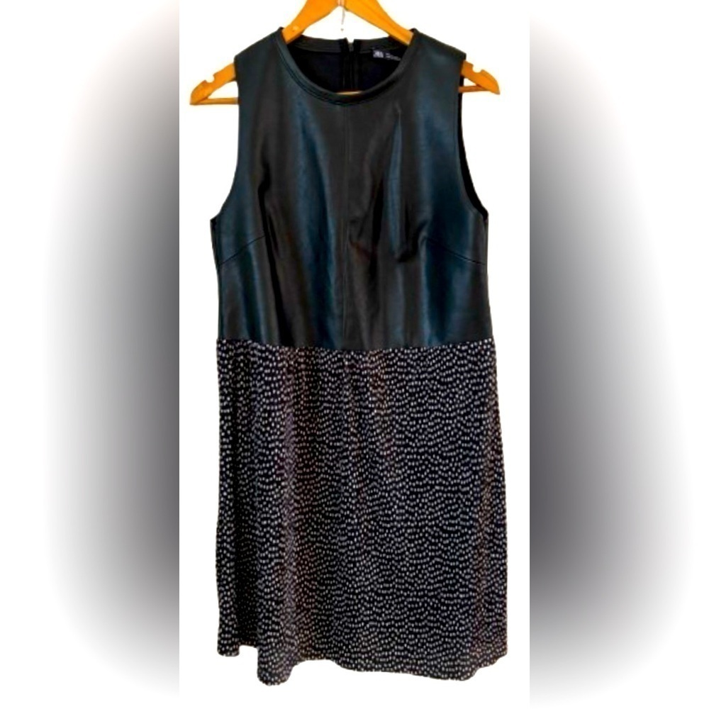 Zara Woman blk vegan lthr w pleated skrt midi dress SZ L matrix night out